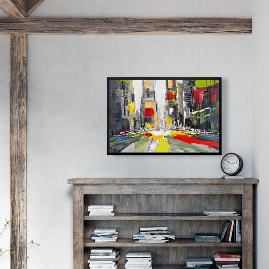 Toile encadrée abstraite texturée représentant un paysage urbain - Décoration d'intérieur moderne