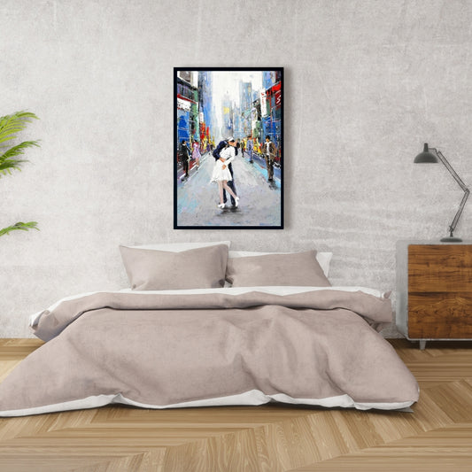 Toile de chambre bleue | Décoration murale encadrée « Kiss of Times Square »