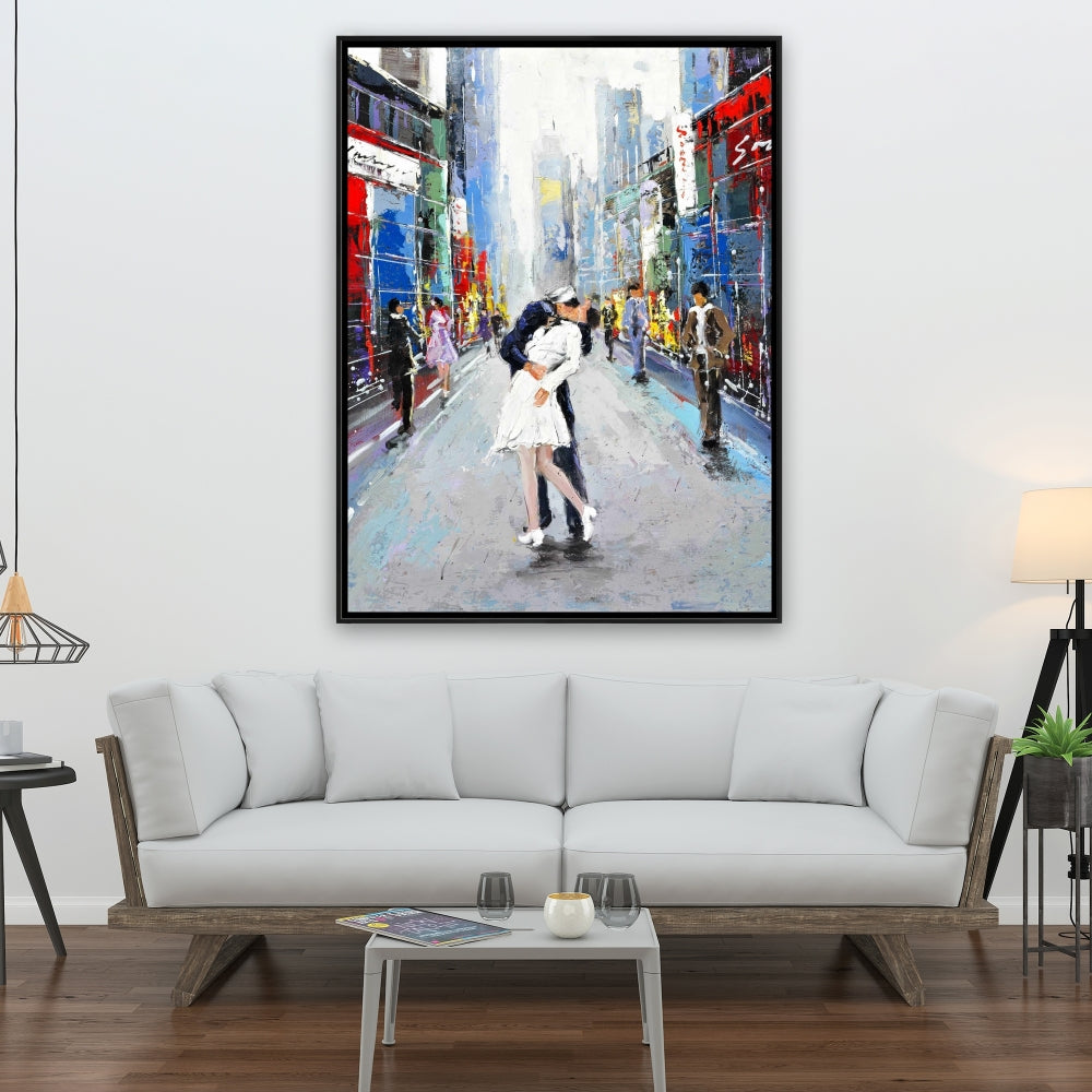 Toile de chambre bleue | Décoration murale encadrée « Kiss of Times Square »