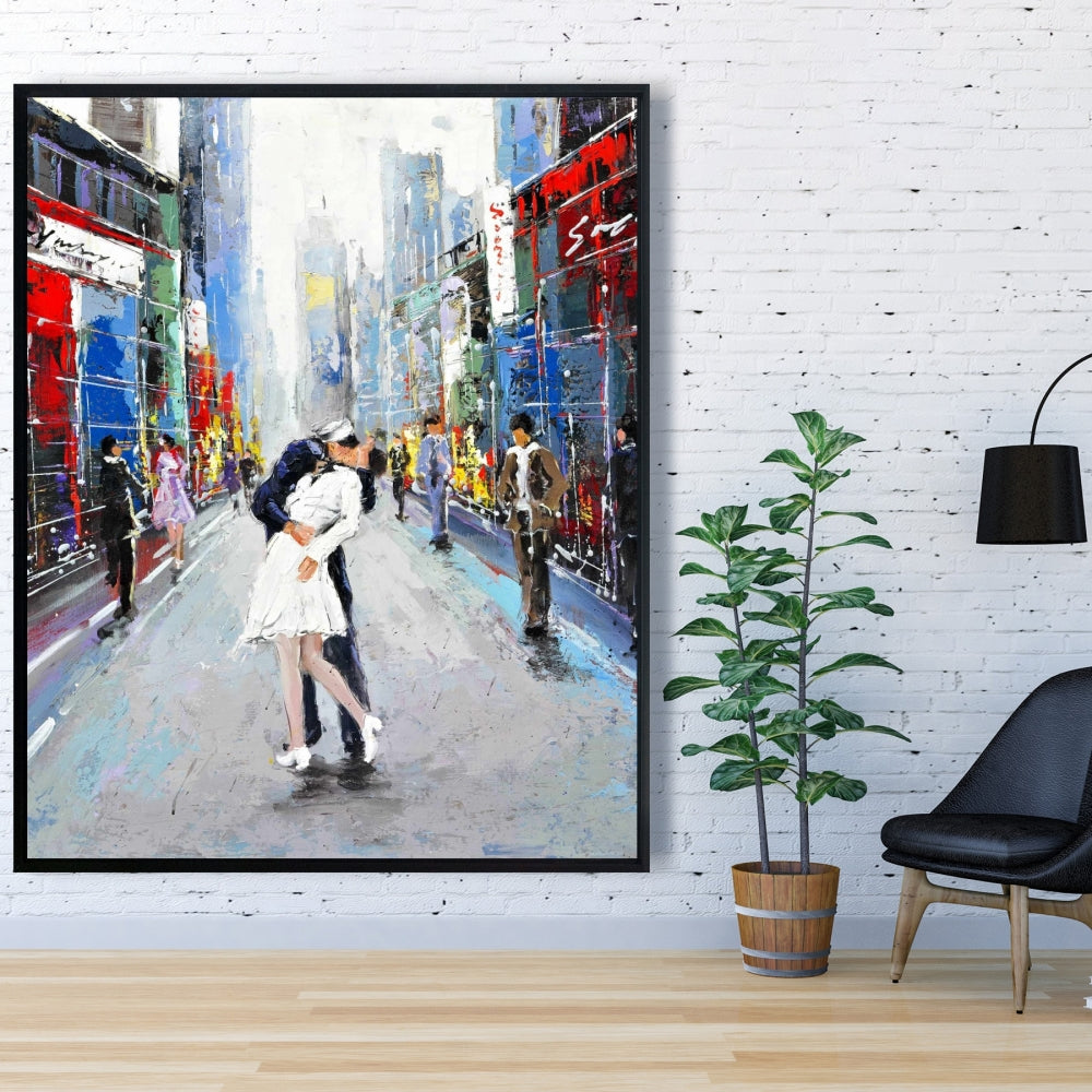 Toile de chambre bleue | Décoration murale encadrée « Kiss of Times Square »