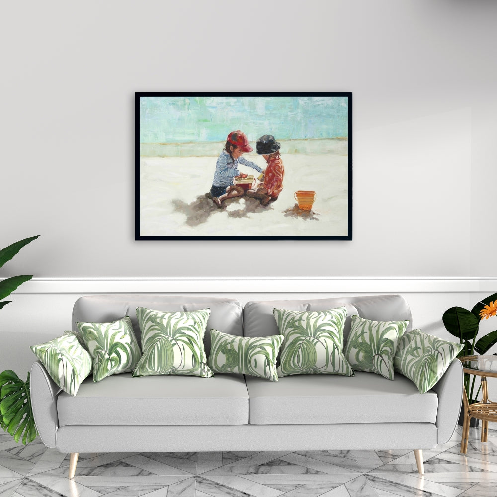 Marine Blue Coastal Canvas - Little Girls at Beach Decor
