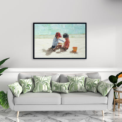 Marine Blue Coastal Canvas - Little Girls at Beach Decor