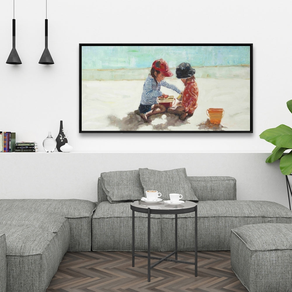 Marine Blue Coastal Canvas - Little Girls at Beach Decor