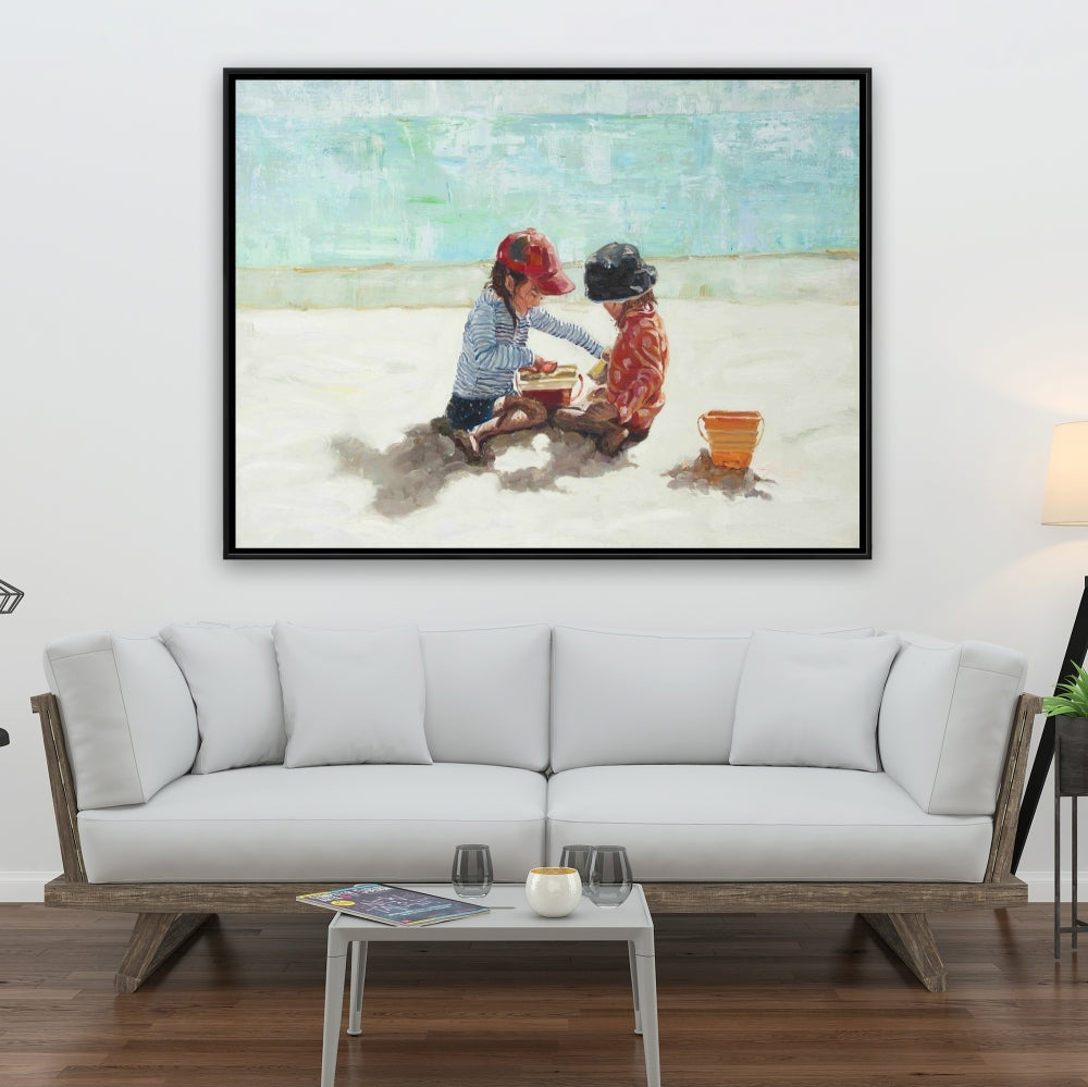 Marine Blue Coastal Canvas - Little Girls at Beach Decor