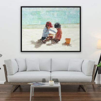 Marine Blue Coastal Canvas - Little Girls at Beach Decor