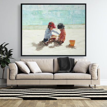 Marine Blue Coastal Canvas - Little Girls at Beach Decor