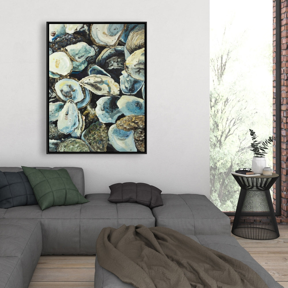Oyster Shells Coastal Aquatic Framed Canvas | Home Decor