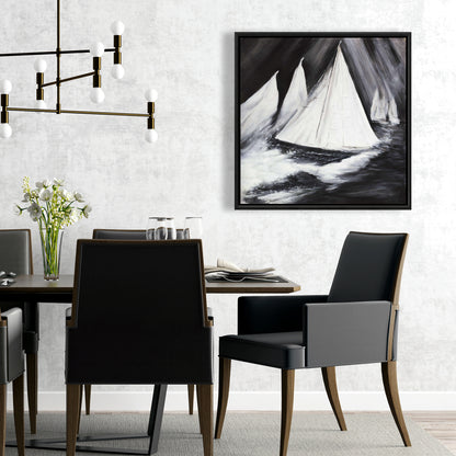 White Coastal Framed Canvas | Grayscale Boats in Storm Decor