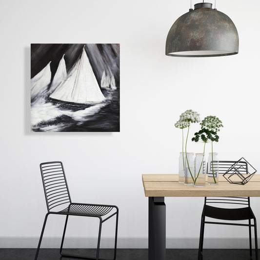 Coastal Boat White Canvas - Grayscale Boats in a Storm Decor