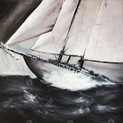 Coastal Brown Boat Framed Canvas - Boat in a Violent Storm
