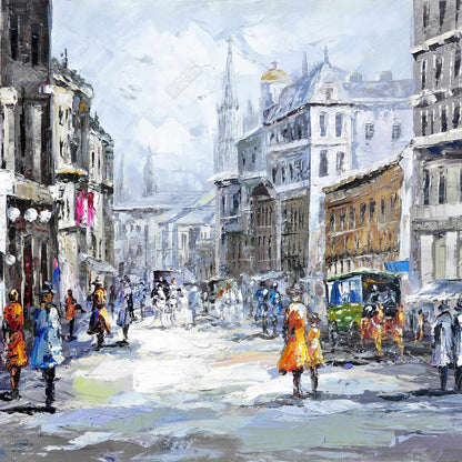 Busy Street Blue Building Canvas | Cloudy Day Home Decor