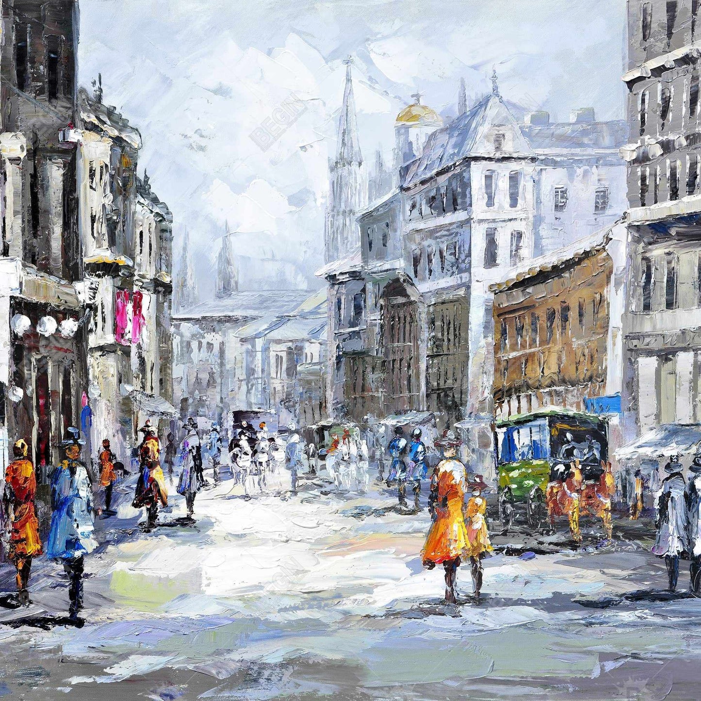 Rue animée par temps nuageux | Décoration murale sur toile bleue pour chambre à coucher