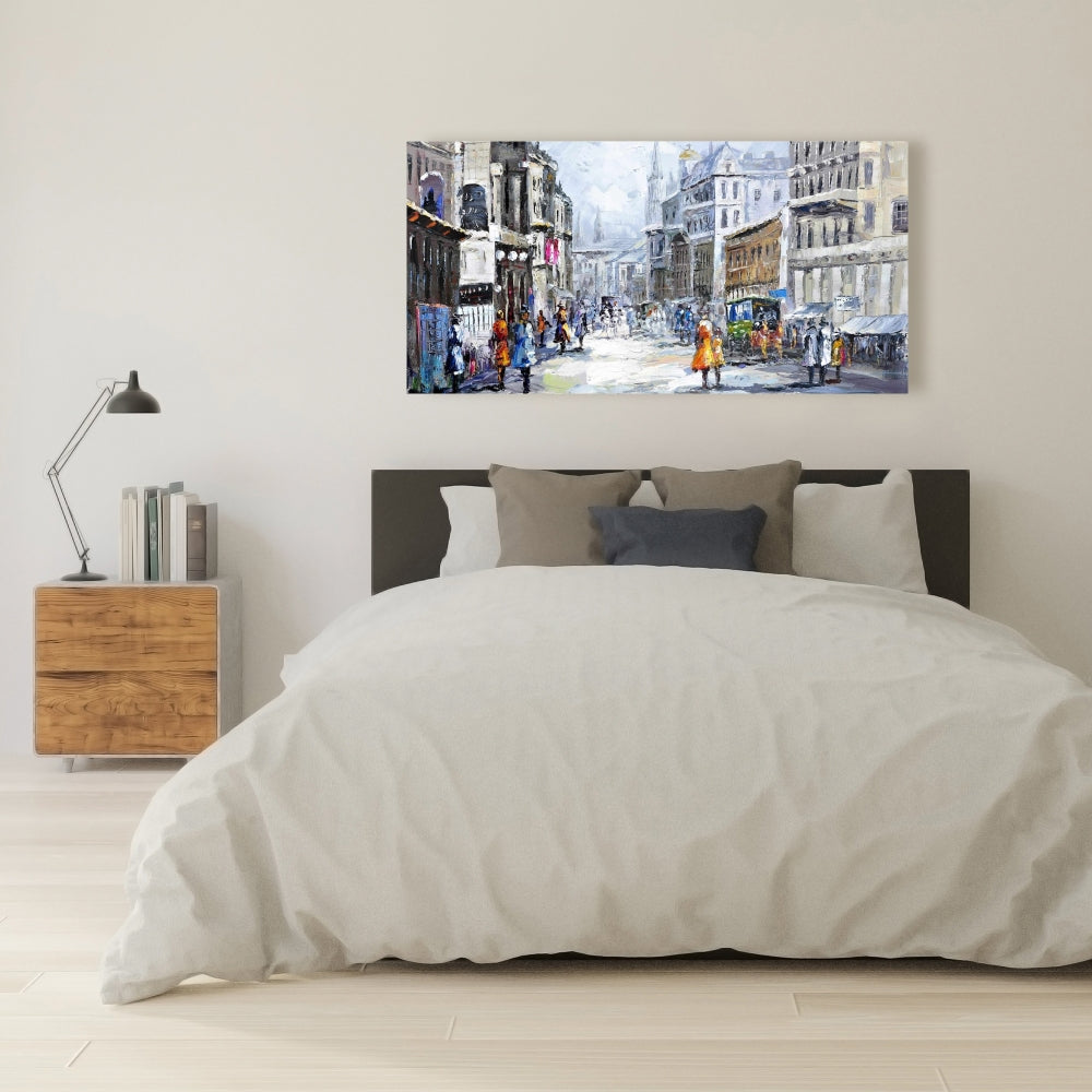 Busy Street Blue Building Canvas | Cloudy Day Home Decor