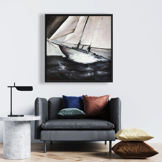 Coastal Brown Boat Framed Canvas - Boat in a Violent Storm