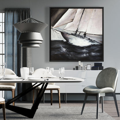 Coastal Brown Boat Framed Canvas - Boat in a Violent Storm