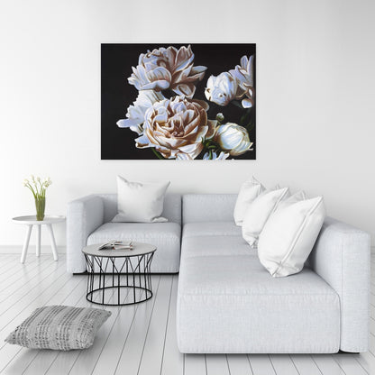 Peonies Canvas - White Leaves Bedroom Wall Art Home Decor