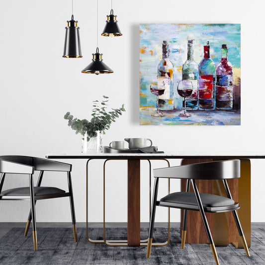 Four Bottles of Wine Canvas | Kitchen Wall Art Decor