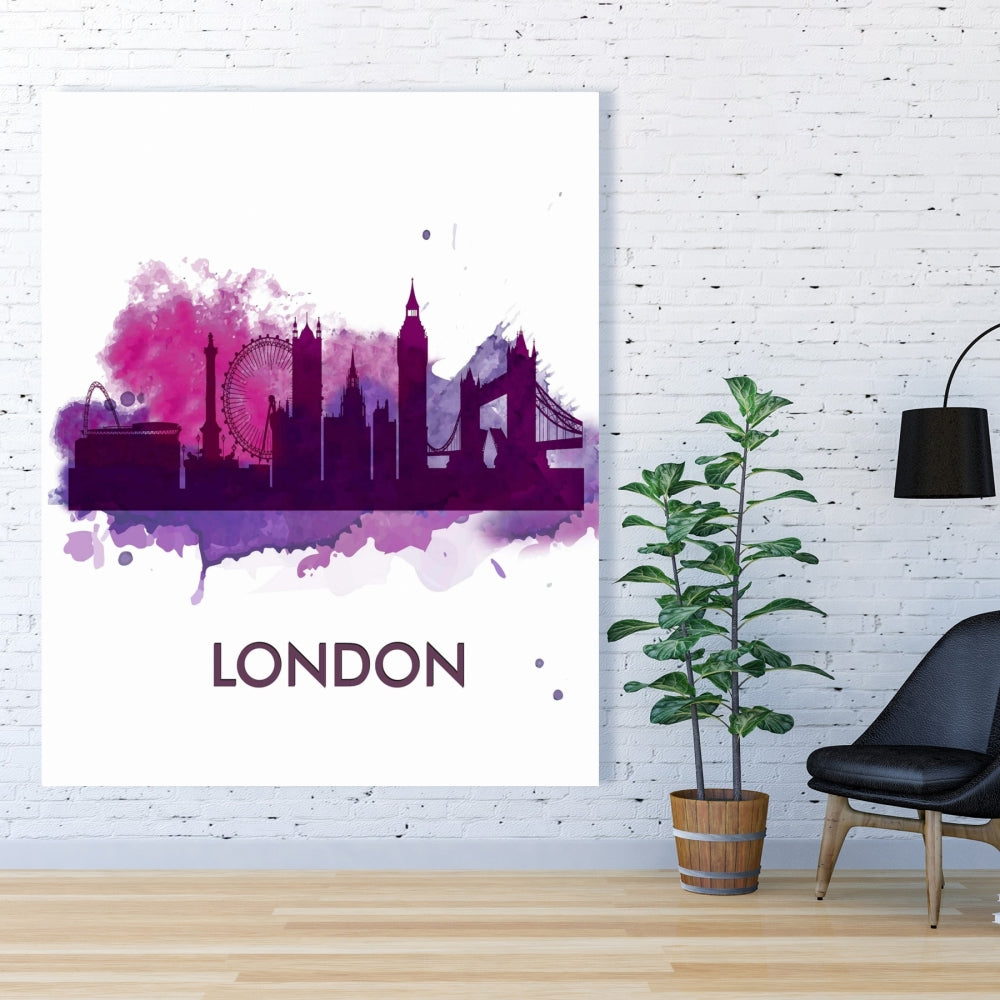 Purple Silhouette of London Canvas | Retro Home Decor Wall Art