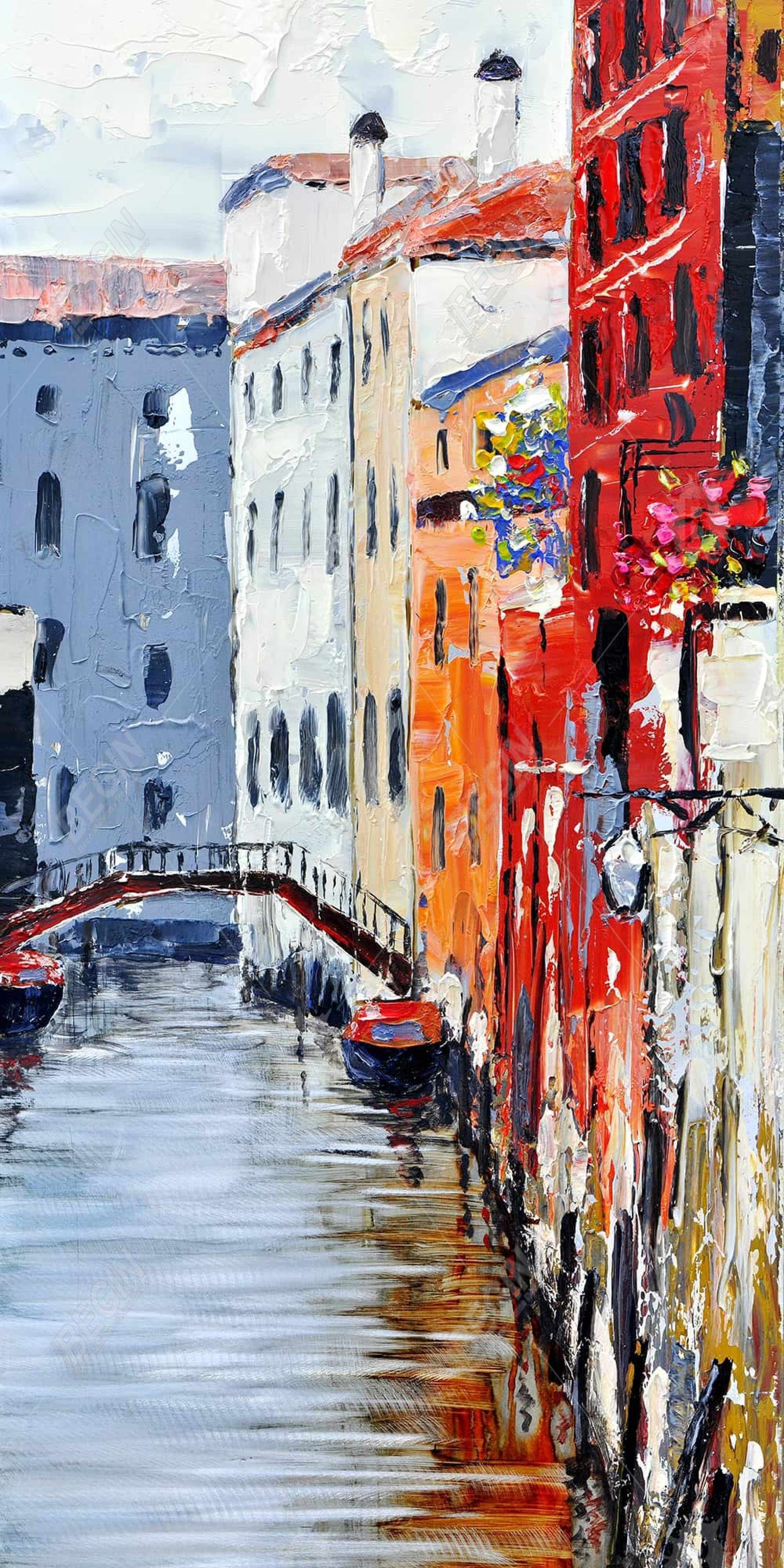 Toile encadrée représentant le Grand Canal de Venise, une chambre à coucher, un bateau et des villes