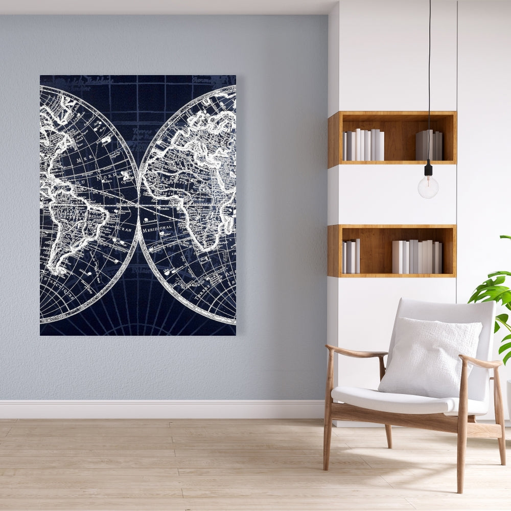 Blue World Map Industrial Canvas | Bedroom Home Decor Wall Art
