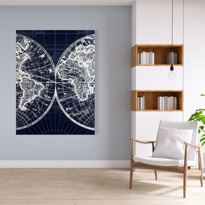 Blue World Map Industrial Canvas | Bedroom Home Decor Wall Art