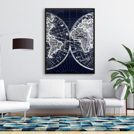 Toile encadrée représentant une carte du monde | Décoration de chambre bleue