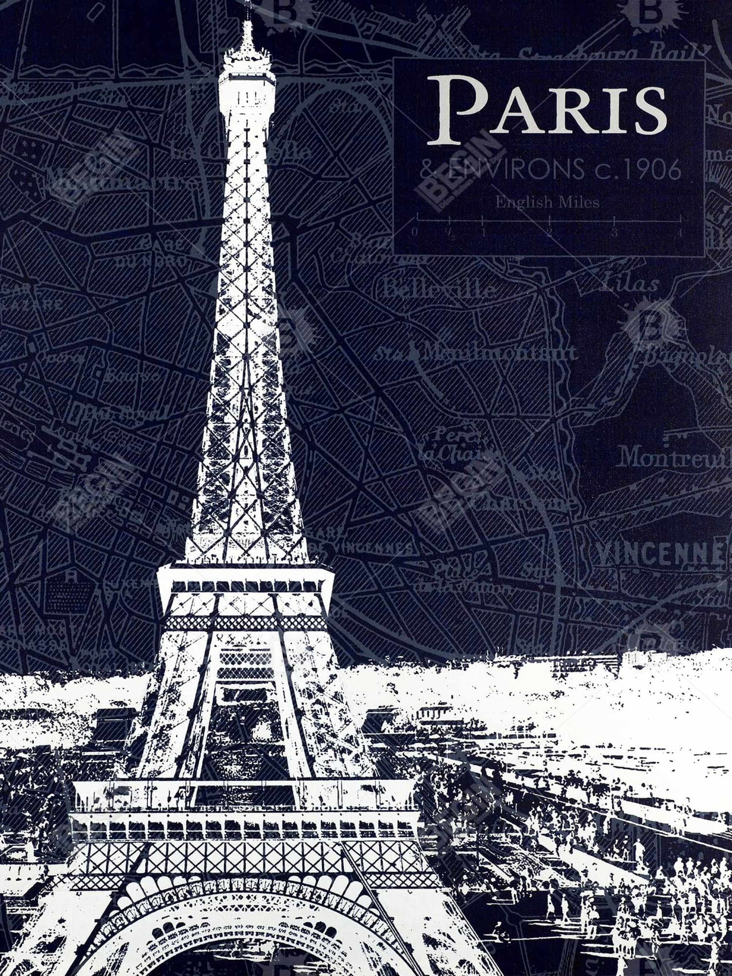 Toile encadrée Plan de Paris et Tour Eiffel - Décoration d'intérieur