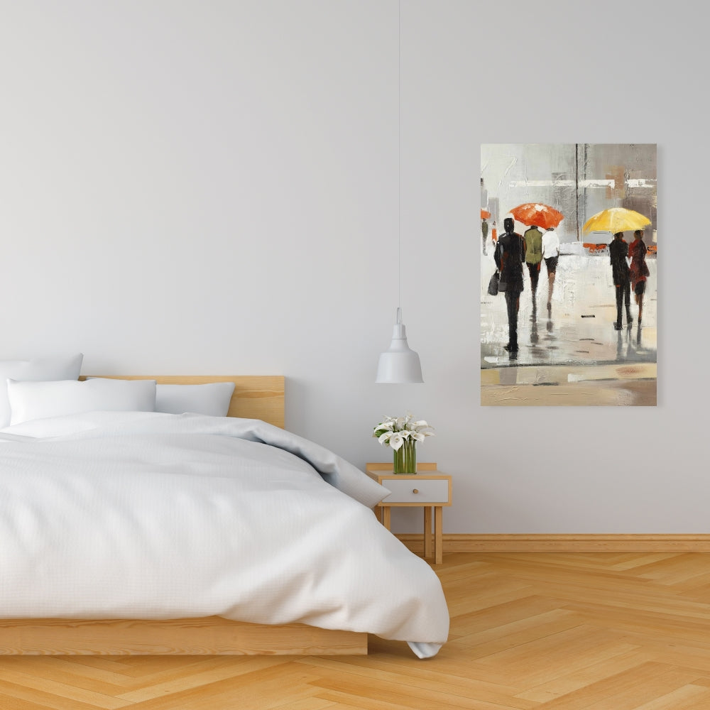 Contemporary Brown Canvas - Abstract Passersby with Umbrellas