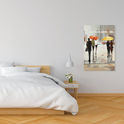 Contemporary Brown Canvas - Abstract Passersby with Umbrellas