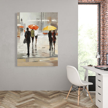 Contemporary Brown Canvas - Abstract Passersby with Umbrellas