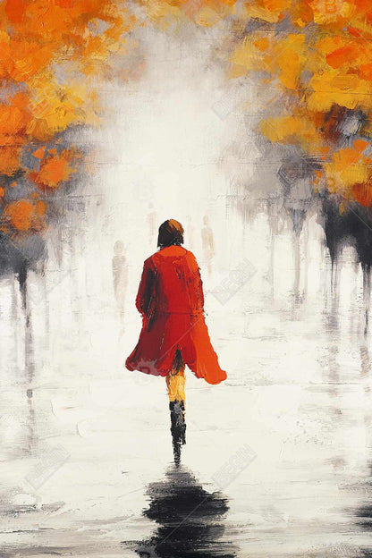 Contemporary Gray Trees Canvas - Woman in Red Coat Home Decor