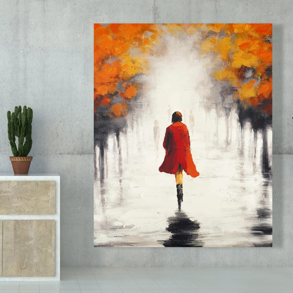 Contemporary Gray Trees Canvas - Woman in Red Coat Home Decor