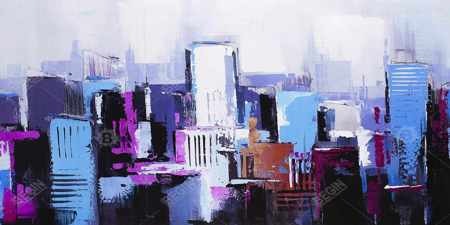 Toile abstraite bleue et violette représentant une ville - Décoration d'intérieur contemporaine