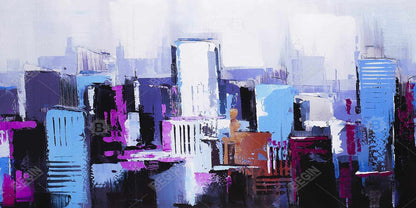 Toile abstraite bleue et violette représentant une ville - Décoration d'intérieur contemporaine