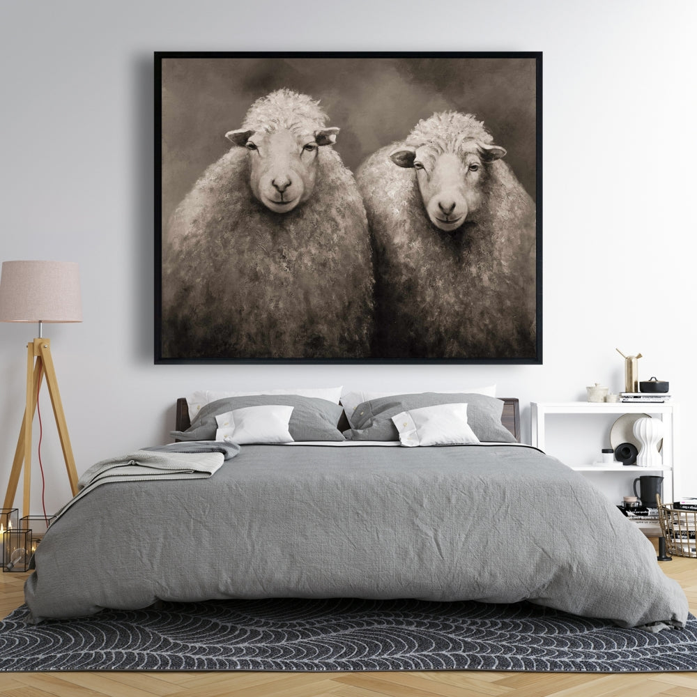 Toile sépia Mouton | Décoration d'intérieur encadrée avec animaux de la ferme rustique