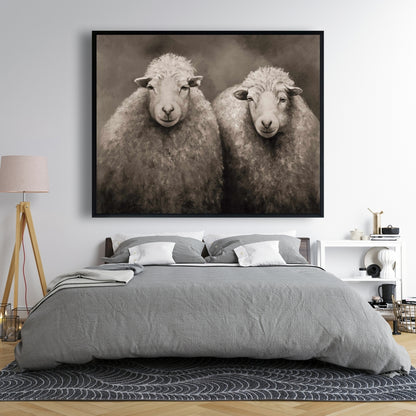 Toile sépia Mouton | Décoration d'intérieur encadrée avec animaux de la ferme rustique