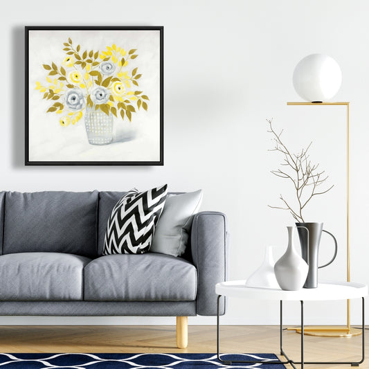 Vase de fleurs bleues et jaunes | Toile décorative encadrée grise