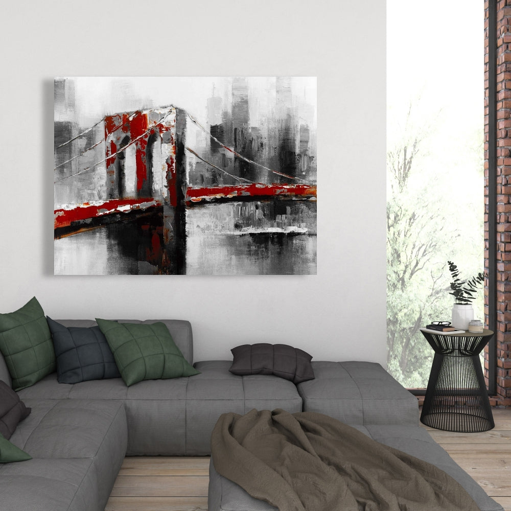 Gray Contemporary Building Canvas - Abstract Red Brooklyn Bridge