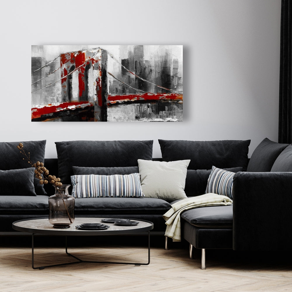 Gray Contemporary Building Canvas - Abstract Red Brooklyn Bridge