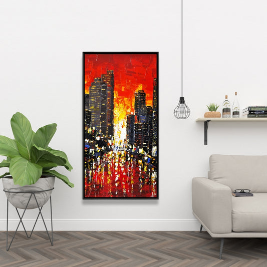 Coucher de soleil abstrait sur la ville | Toile encadrée | Décoration d'intérieur