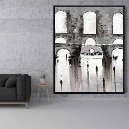 Toile de paysage de rue dans une chambre grise – Bâtiment gris et passants