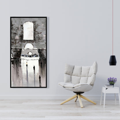 Toile de paysage de rue dans une chambre grise – Bâtiment gris et passants