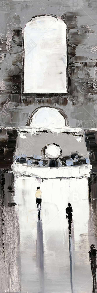 Toile de paysage de rue dans une chambre grise – Bâtiment gris et passants