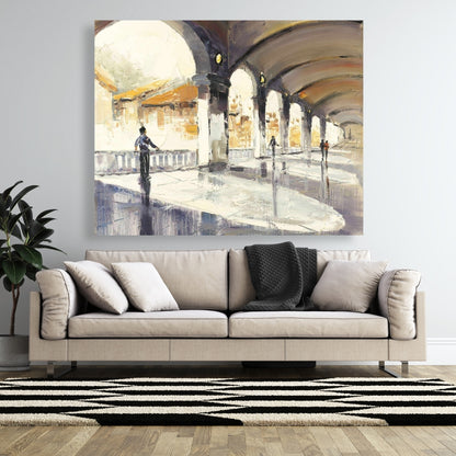 Blue Street Scenery Canvas - People in a Spacious Hall Decor