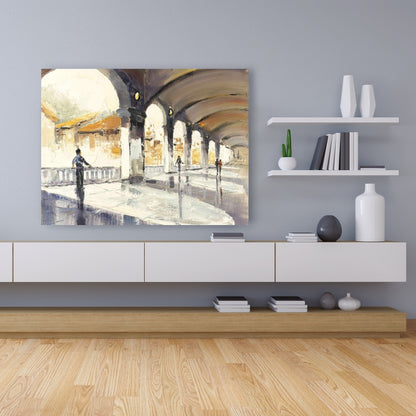Blue Street Scenery Canvas - People in a Spacious Hall Decor