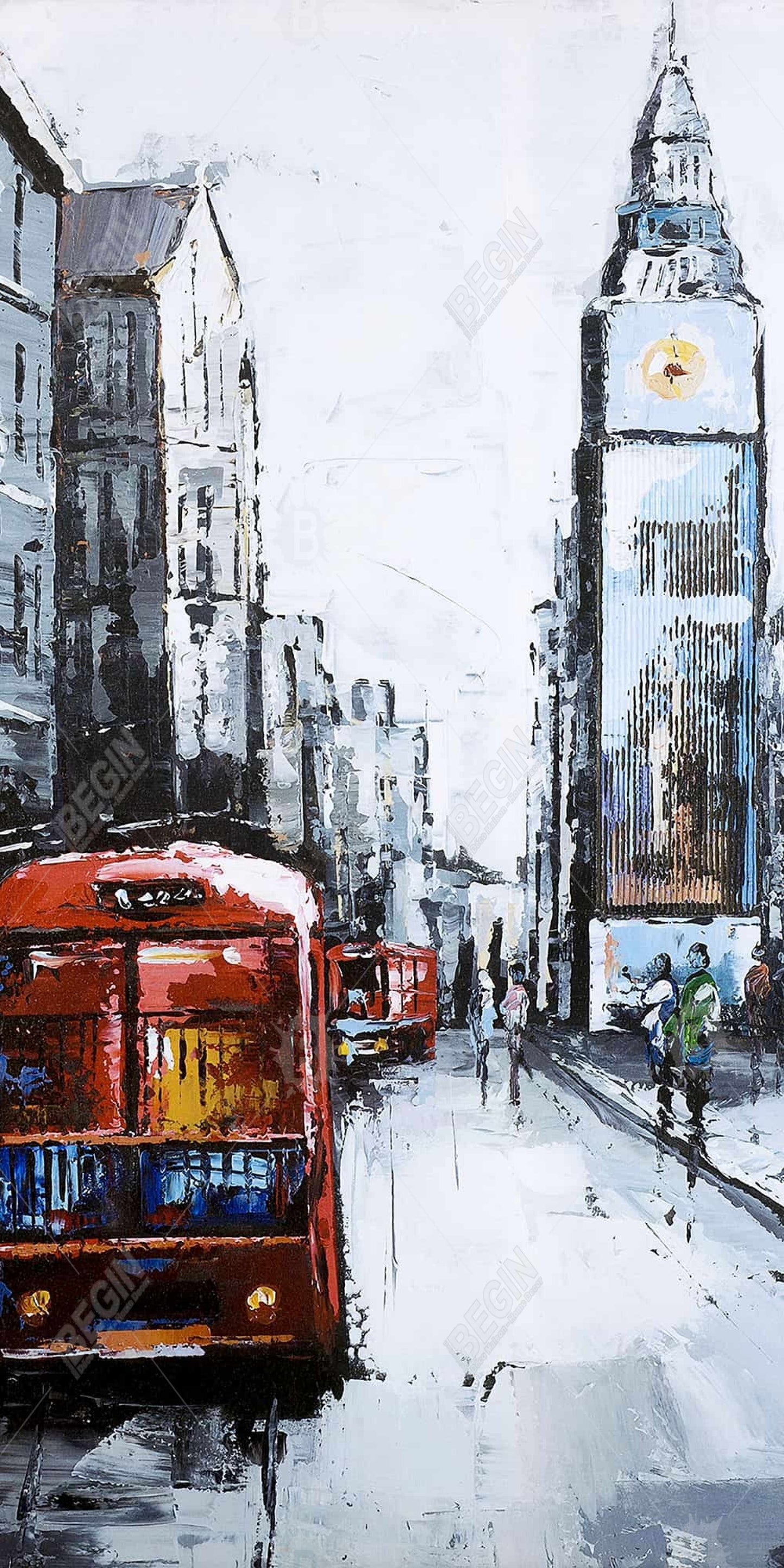 Toile abstraite représentant un bus rouge londonien | Décoration murale contemporaine