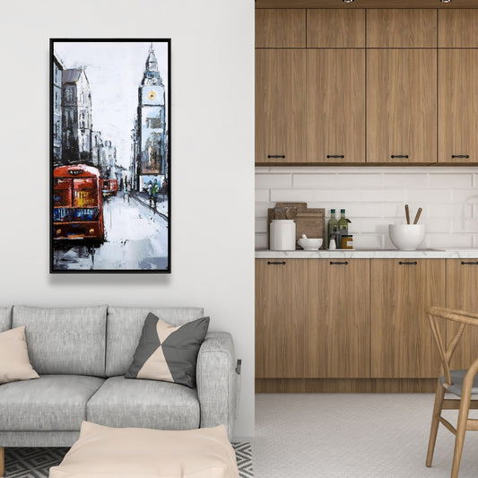 Toile abstraite représentant un bus rouge londonien | Décoration murale contemporaine