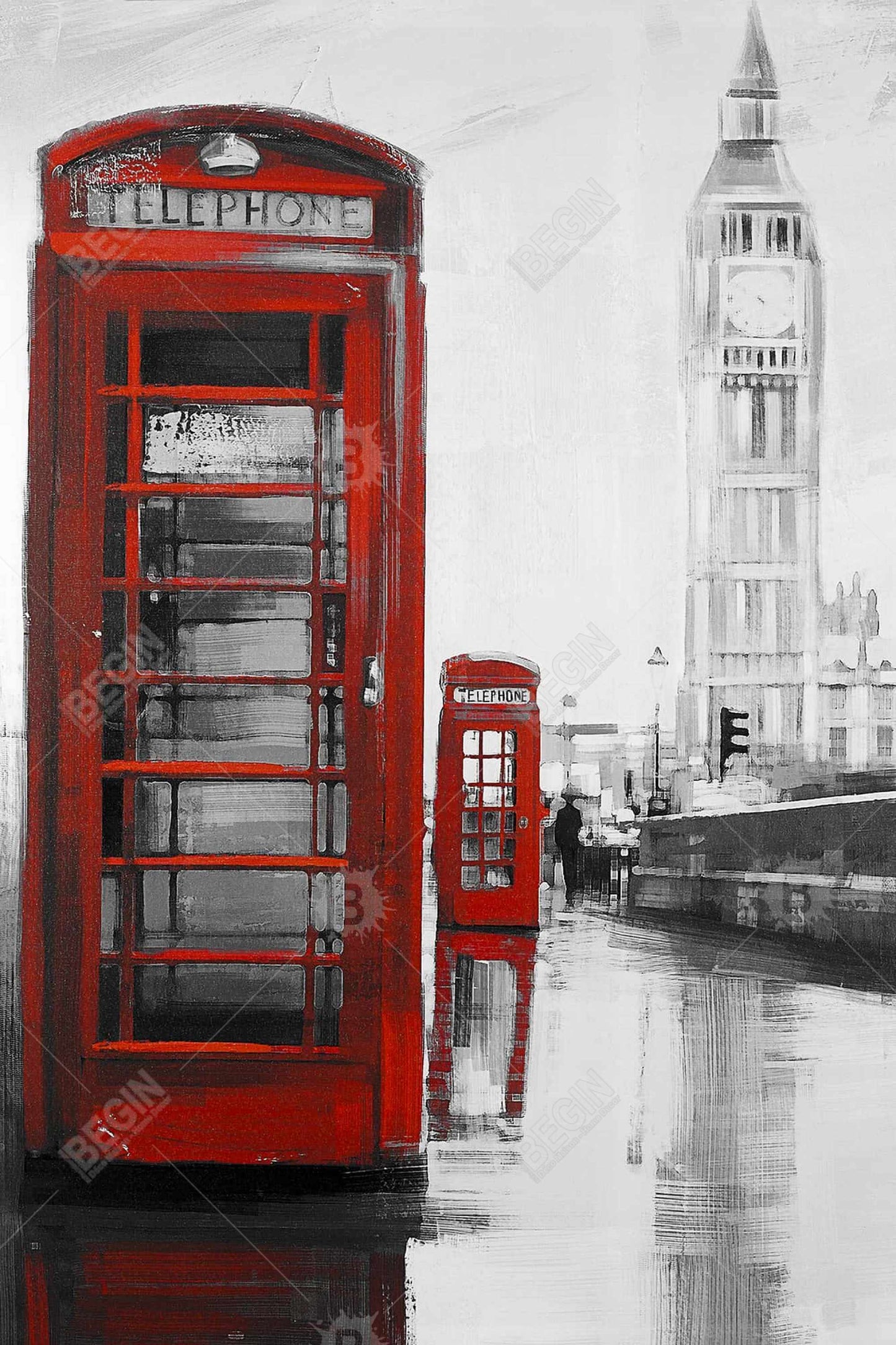 Red Phonebooth & Big Ben Gray Canvas - Bedroom Home Decor