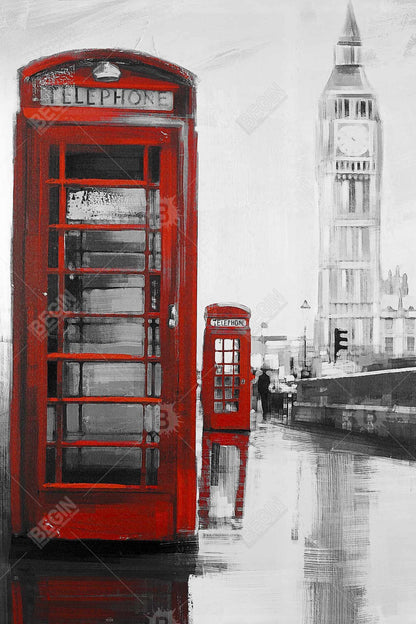 Red Phonebooth Big Ben Canvas | Gray Framed Wall Art Decor