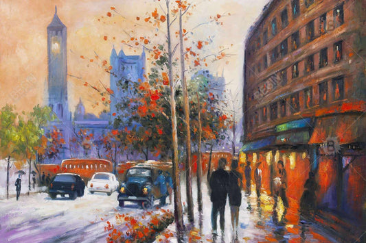 Toile pour chambre à coucher « Ville près des arbres d'automne » | Décoration d'intérieur contemporaine